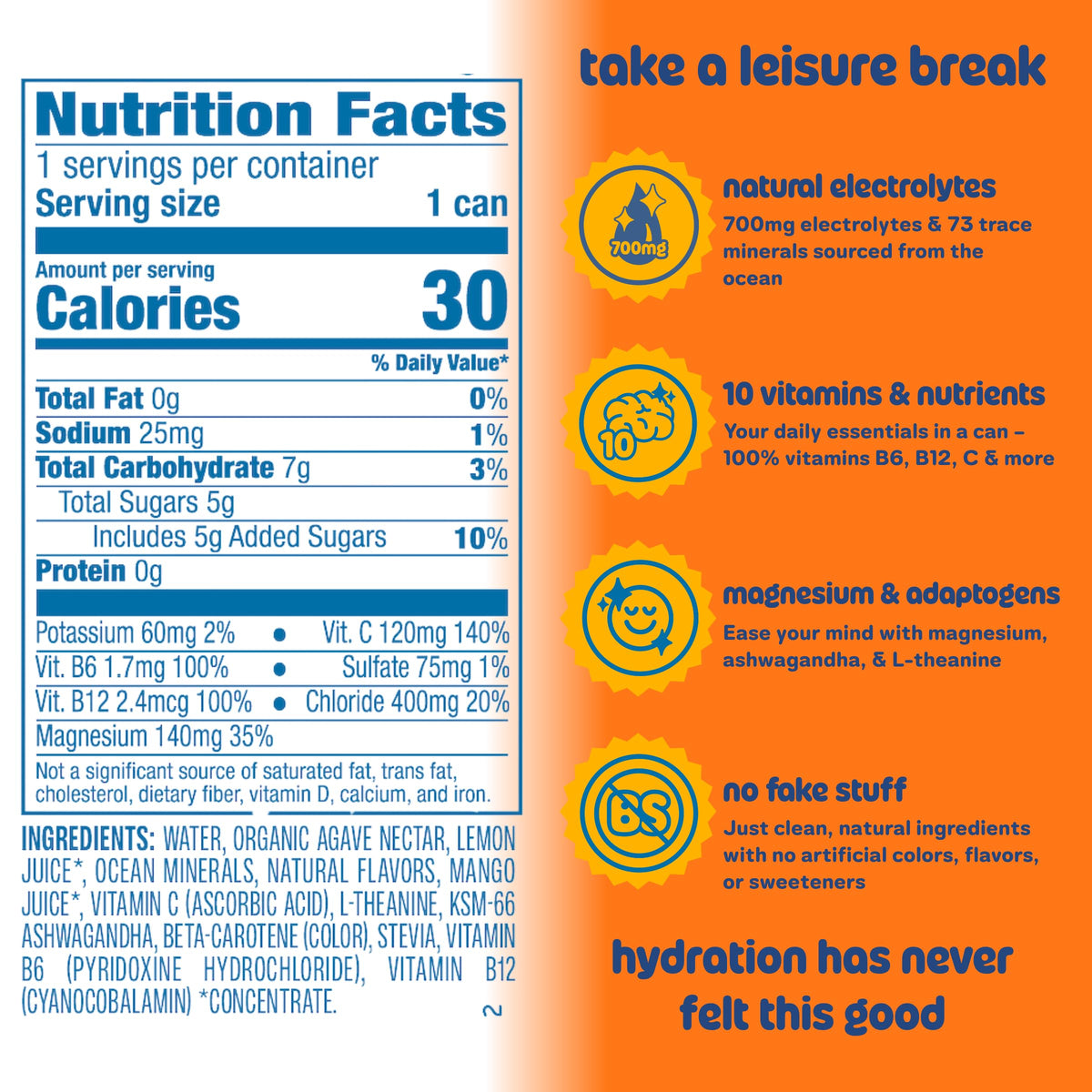Leisure Hydration Non-Carbonated Electrolyte Refresher – Tropical Mango, Low Sugar, Magnesium & Ashwagandha (16 oz, 12-Pack)