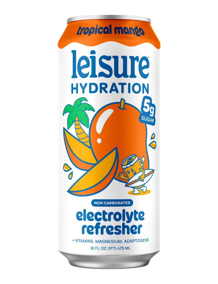 Leisure Hydration Non-Carbonated Electrolyte Refresher – Tropical Mango, Low Sugar, Magnesium & Ashwagandha (16 oz, 12-Pack)