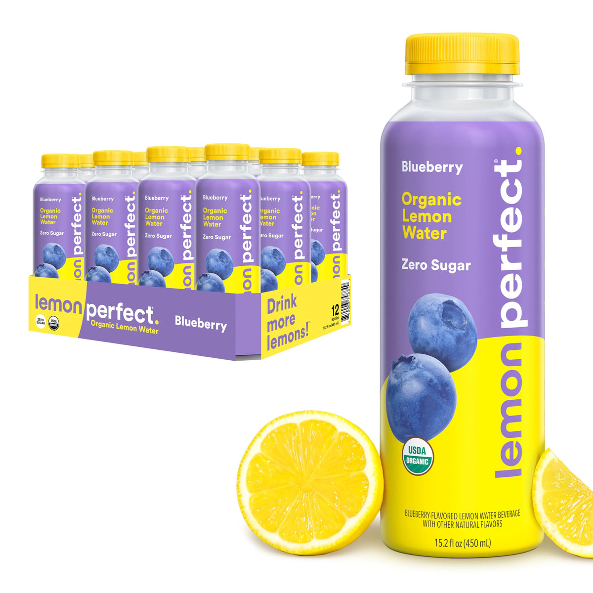 Lemon Perfect Blueberry Hydration Water – Zero Sugar, Organic, 15.2oz Bottle (12-Pack)