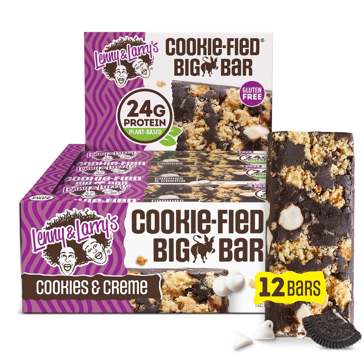 Lenny & Larry's Cookie-fied BIG BAR – Cookies & Creme Vegan Protein Bars 12x90g | 24g Plant Protein, Gluten-Free