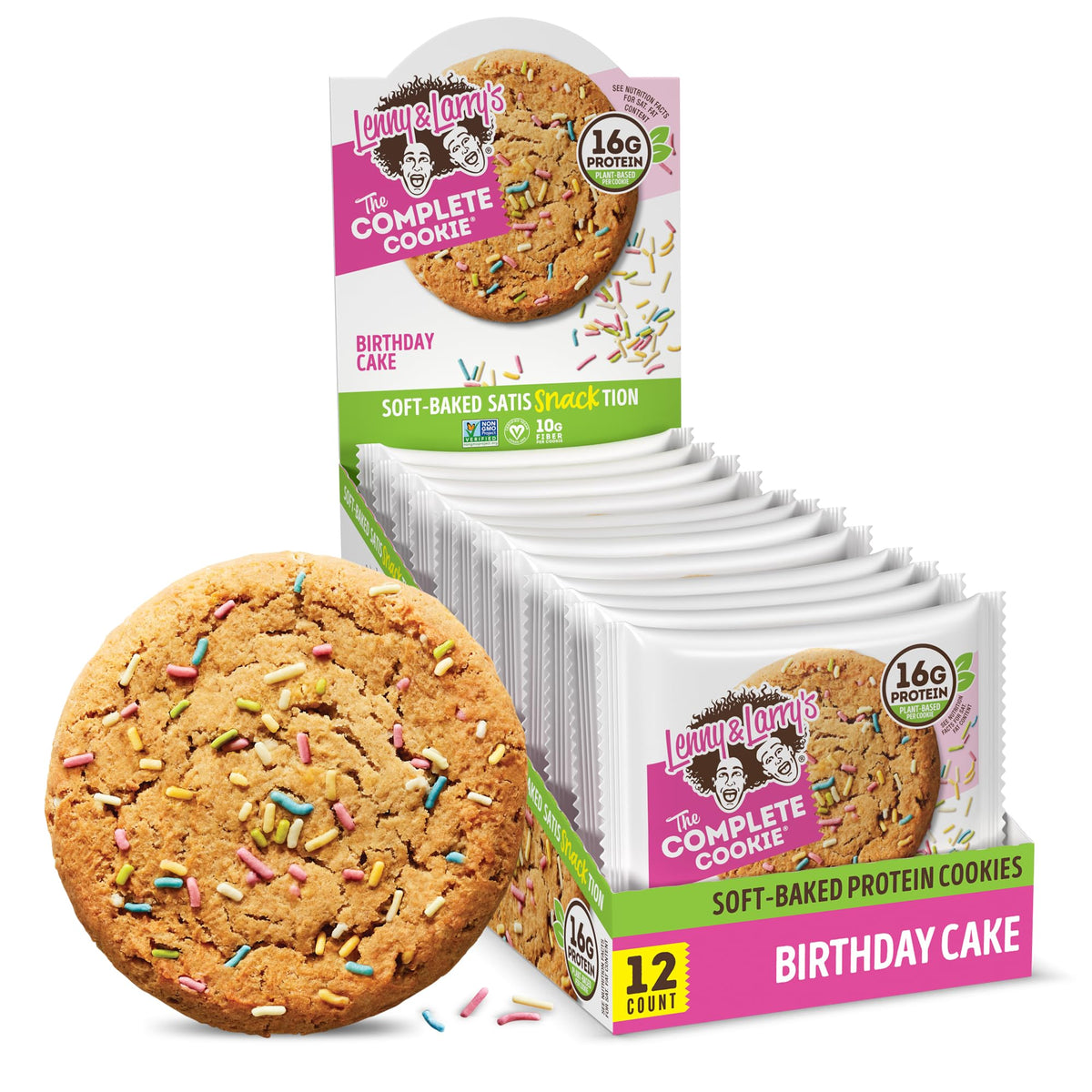 Lenny & Larry's Protein Cookie Birthday Cake — 16g Plant Protein, Vegan, Non-GMO, High Fiber, 4 oz Cookies (12-Pack)