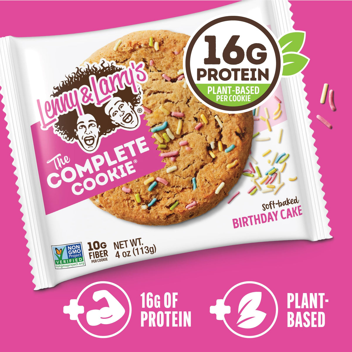 Lenny & Larry's Protein Cookie Birthday Cake — 16g Plant Protein, Vegan, Non-GMO, High Fiber, 4 oz Cookies (12-Pack)