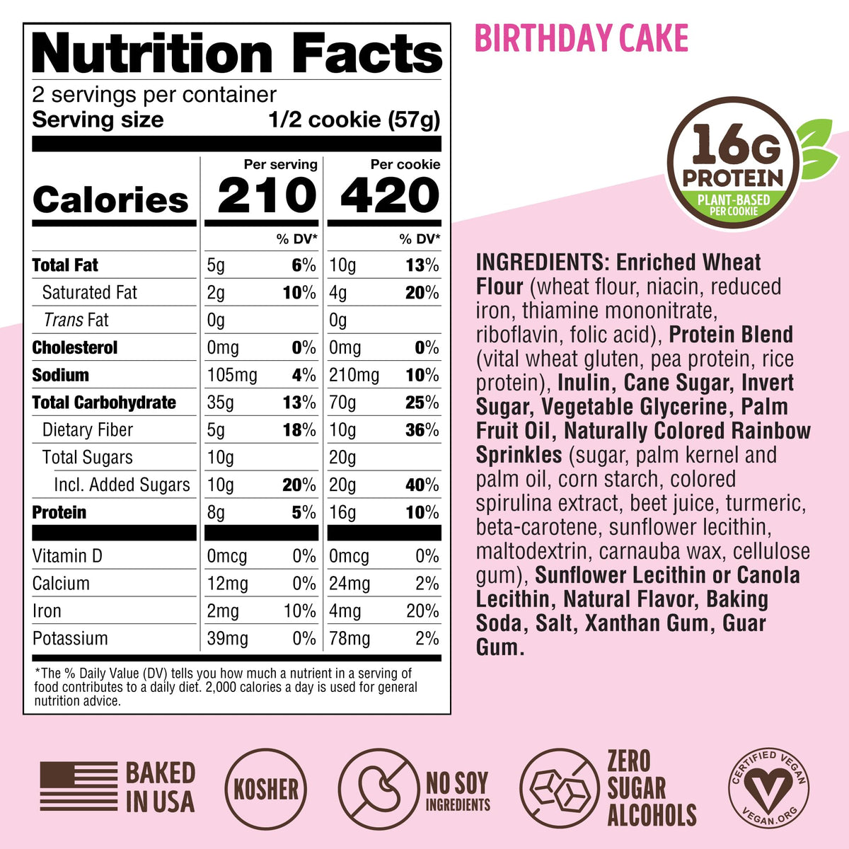 Lenny & Larry's Protein Cookie Birthday Cake — 16g Plant Protein, Vegan, Non-GMO, High Fiber, 4 oz Cookies (12-Pack)