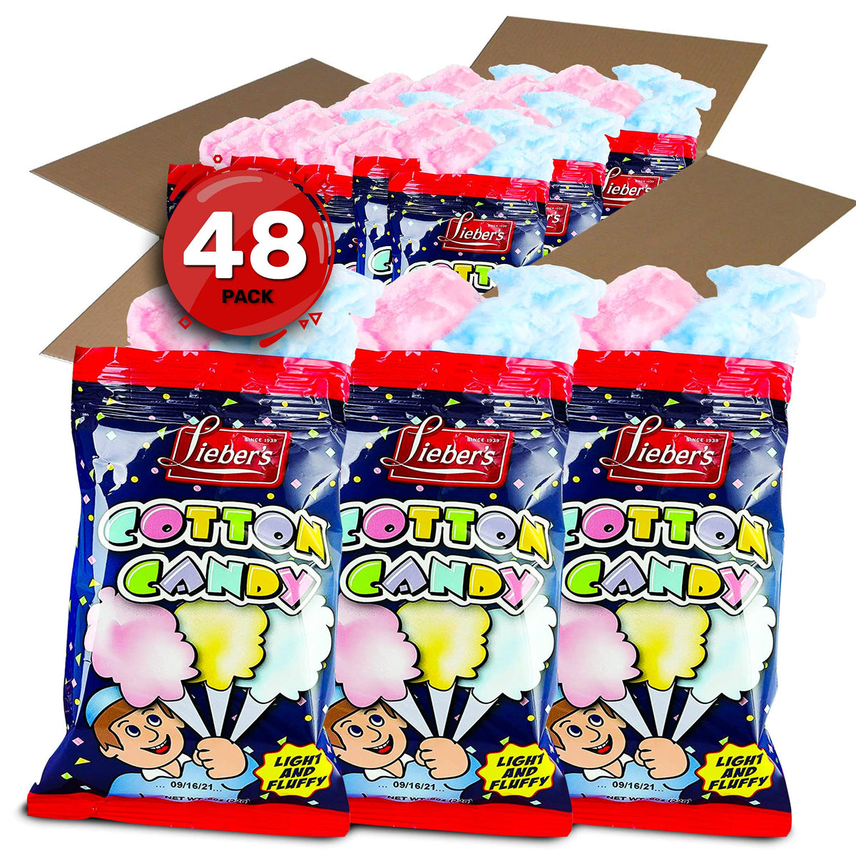 Lieber's Cotton Candy 48 Pack – Light & Fluffy Red & Blue Carnival Treats (Kosher)