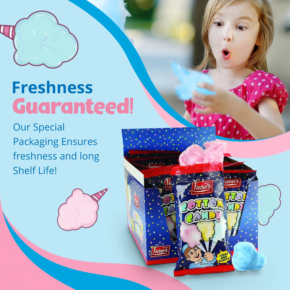 Lieber's Cotton Candy 48 Pack – Light & Fluffy Red & Blue Carnival Treats (Kosher)