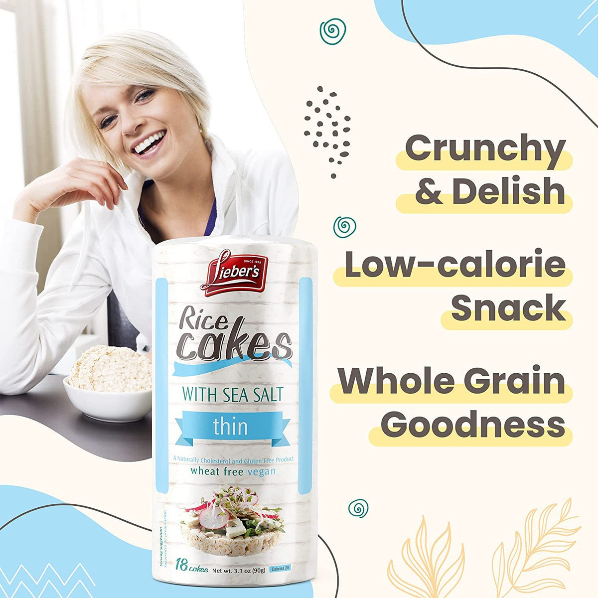 Lieber's Thin Rice Cakes – Kosher, Dairy Free, Gluten Free, Vegan | Sea Salt 6 Pack