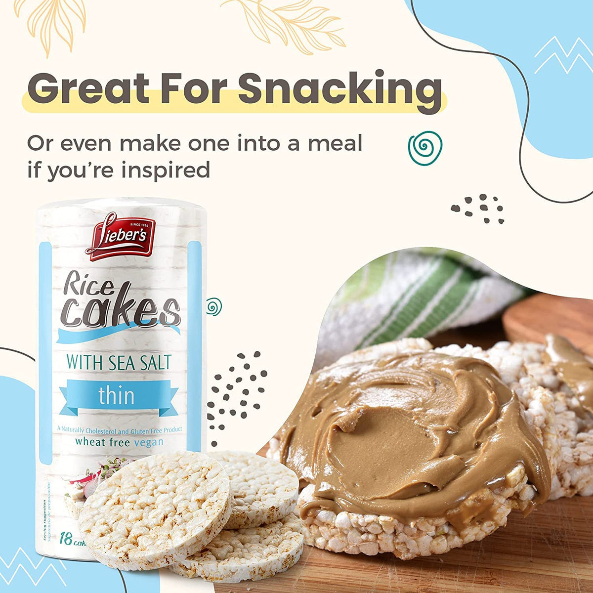 Lieber's Thin Rice Cakes – Kosher, Dairy Free, Gluten Free, Vegan | Sea Salt 6 Pack