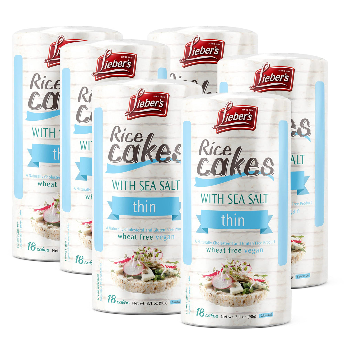 Lieber's Thin Rice Cakes – Kosher, Dairy Free, Gluten Free, Vegan | Sea Salt 6 Pack