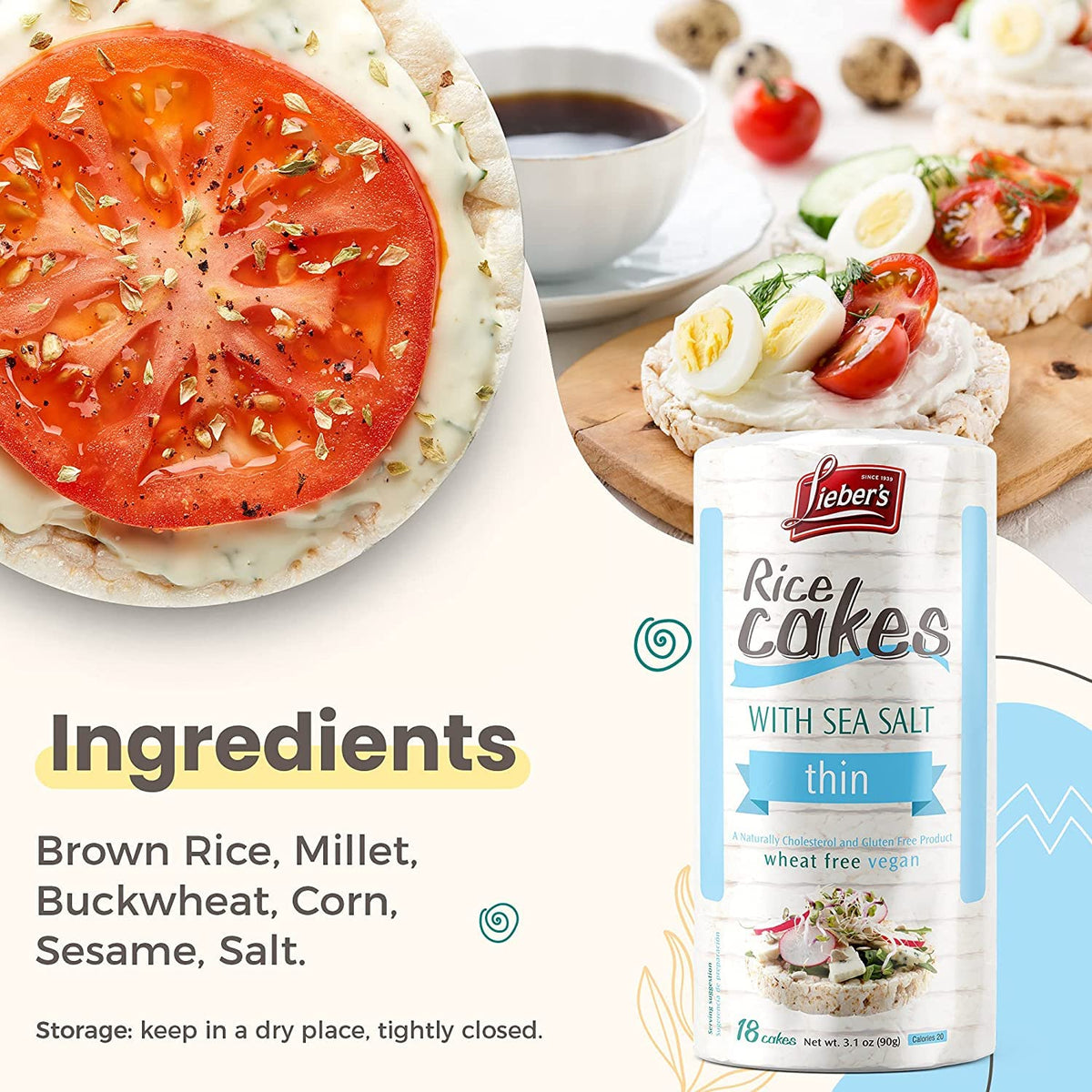 Lieber's Thin Rice Cakes – Kosher, Dairy Free, Gluten Free, Vegan | Sea Salt 6 Pack