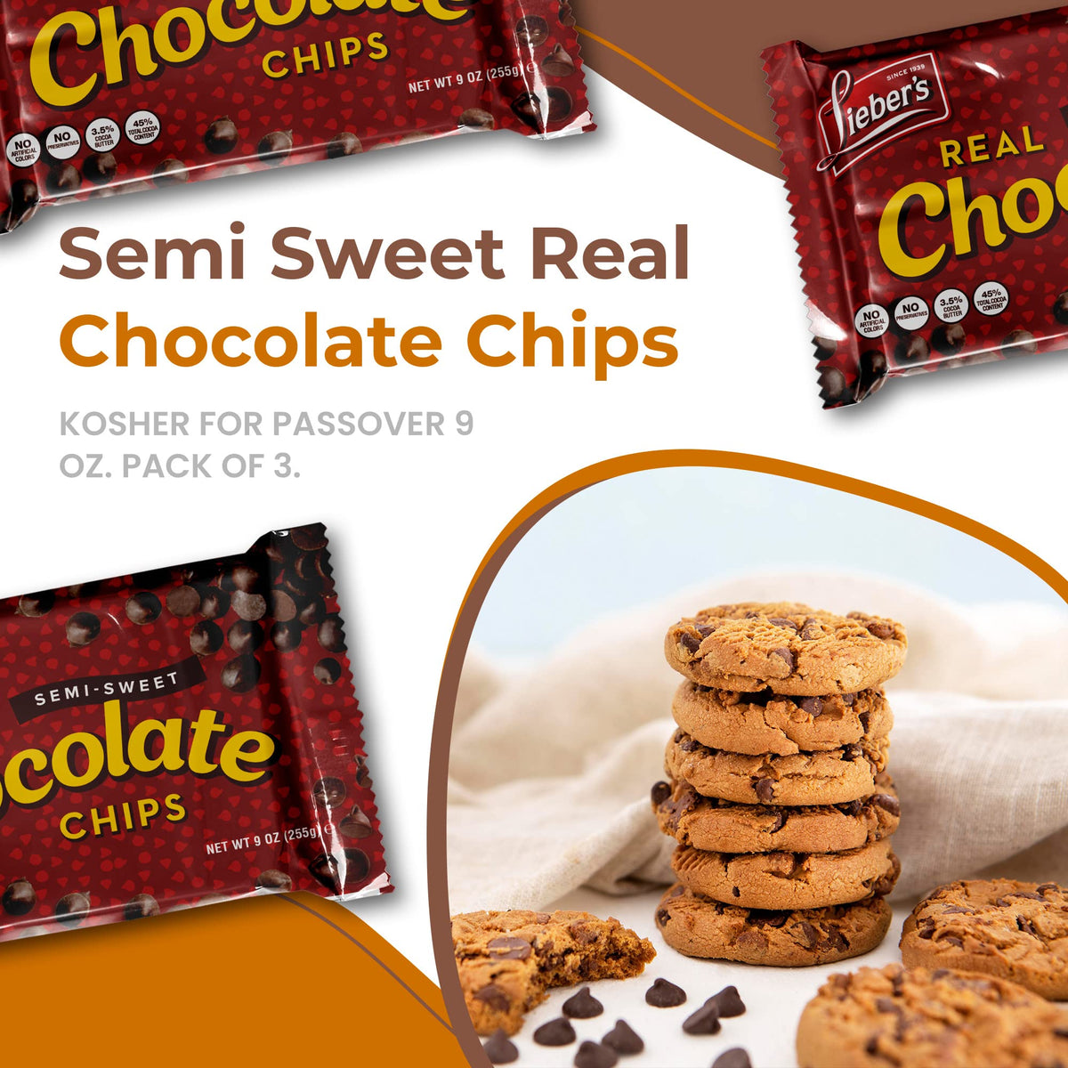 Lieber’s Vegan Semi-Sweet Chocolate Chips – Gluten Free, Dairy Free, Kosher Parve, 9 oz (Pack of 3)
