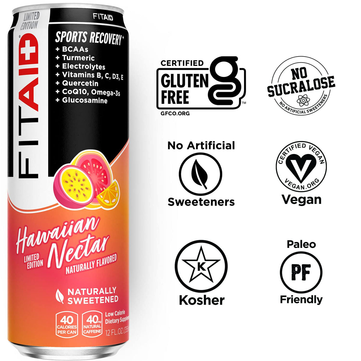 FITAID Hawaiian Nectar Post-Workout Recovery Drink by LIFEAID – 40 Calories, 12 Fl Oz, Pack of 12 (Packaging May Vary)