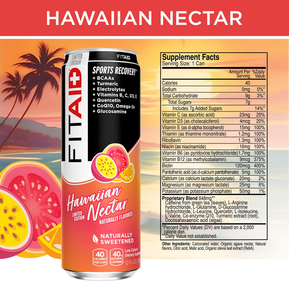 FITAID Hawaiian Nectar Post-Workout Recovery Drink by LIFEAID – 40 Calories, 12 Fl Oz, Pack of 12 (Packaging May Vary)