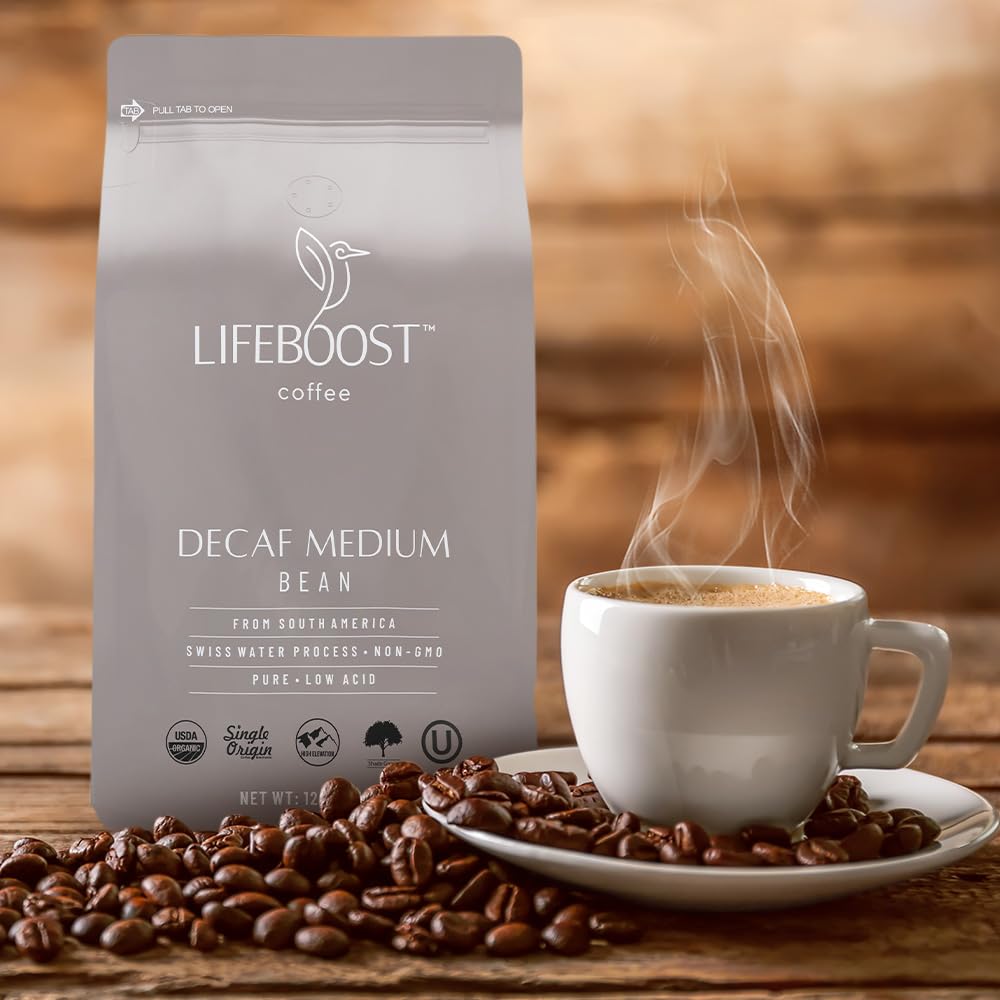 LIFEBOOST Lifeboost Medium Roast Swiss Water Decaf Coffee – Organic, Low Acid, Single Origin (12 oz)