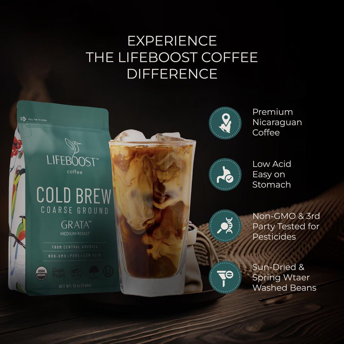Lifeboost Low Acid Cold Brew Coffee - Organic Coarse Ground Medium Roast, 12 oz