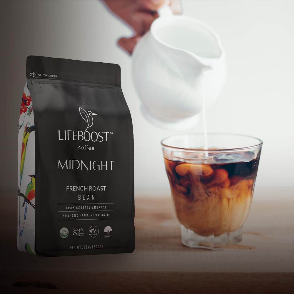 Lifeboost Midnight French Roast Coffee Beans — Organic, Low-Acid, Single Origin, 12 oz