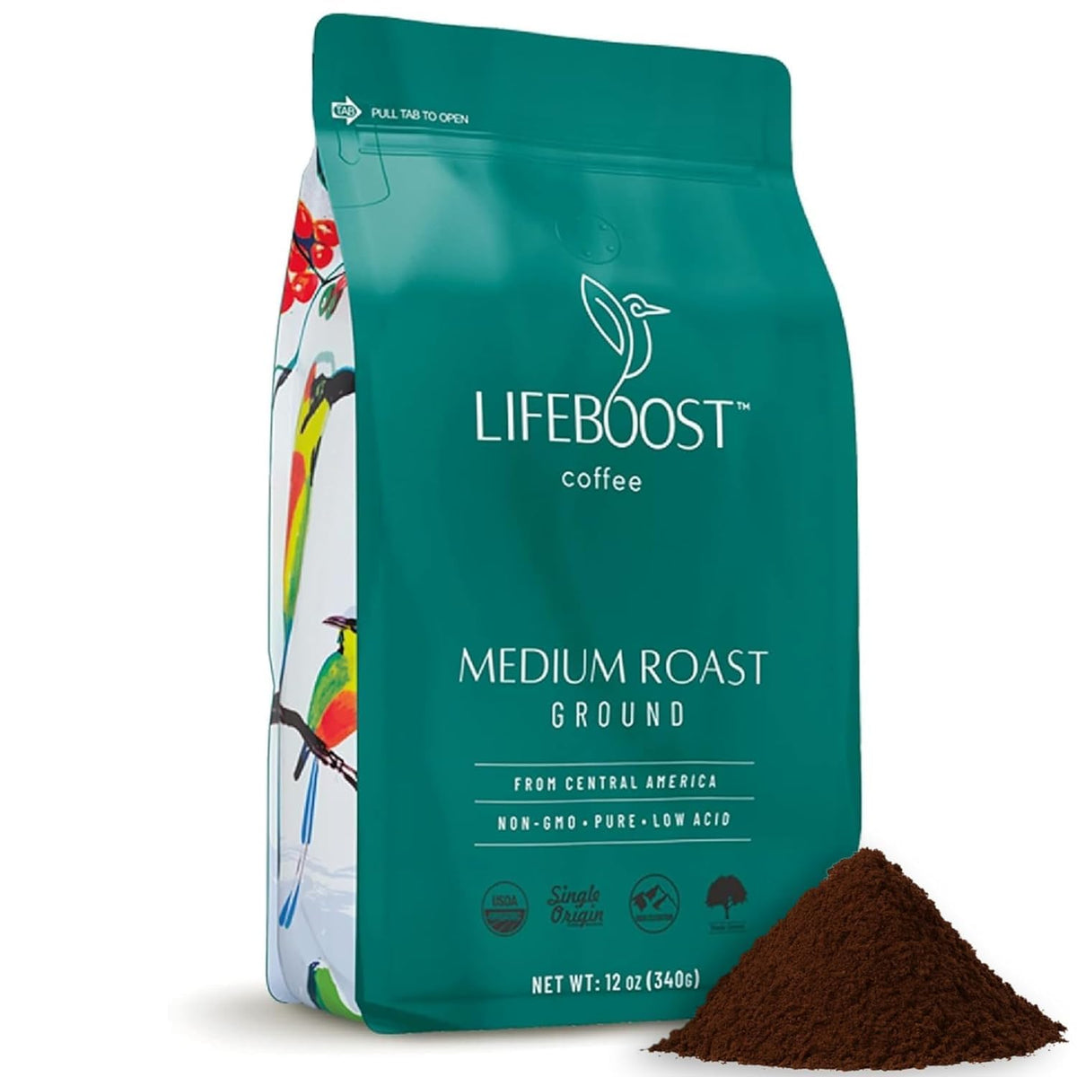 Lifeboost Coffee Ground Medium Roast – Low Acid, USDA Organic, Single Origin, Non-GMO (12 oz)