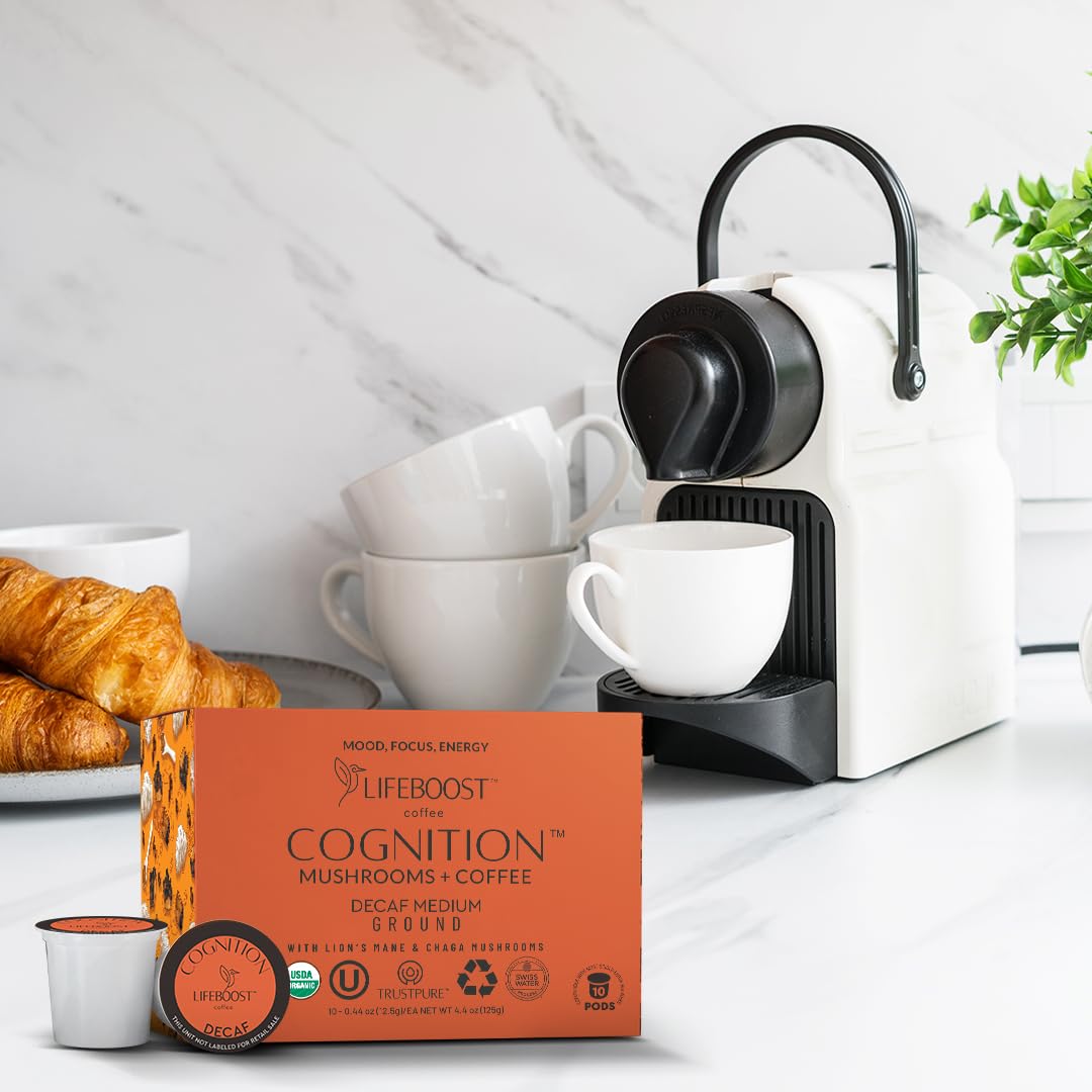 Lifeboost Cognition Decaf Mushroom Coffee Pods – Lion’s Mane & Chaga, Low-Acid K-Cups