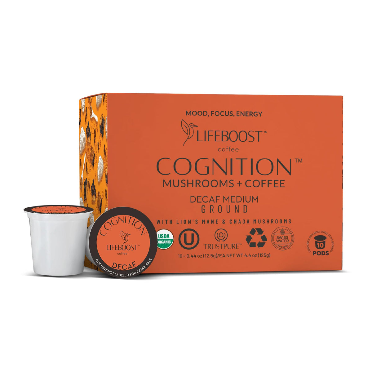 Lifeboost Cognition Decaf Mushroom Coffee Pods – Lion’s Mane & Chaga, Low-Acid K-Cups