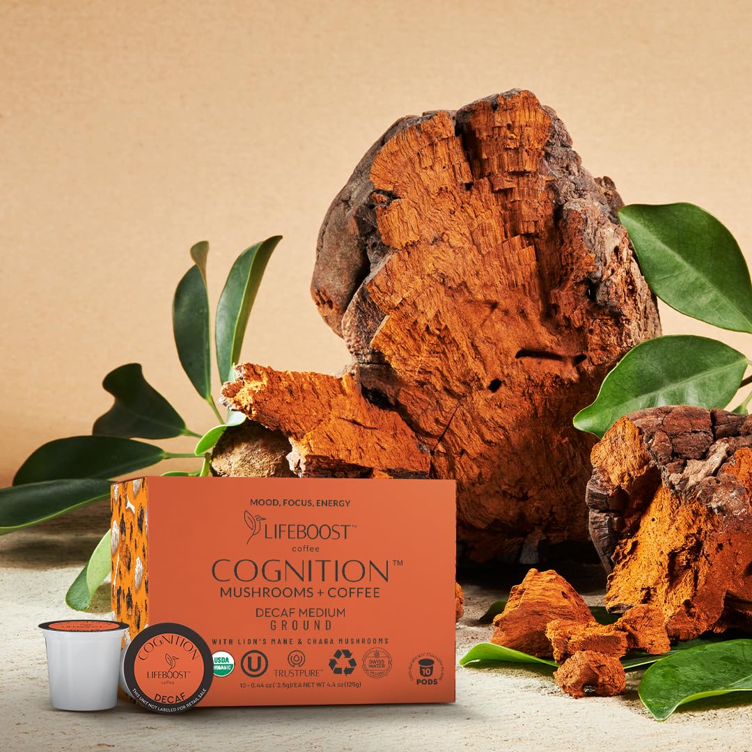 Lifeboost Cognition Decaf Mushroom Coffee Pods – Lion’s Mane & Chaga, Low-Acid K-Cups