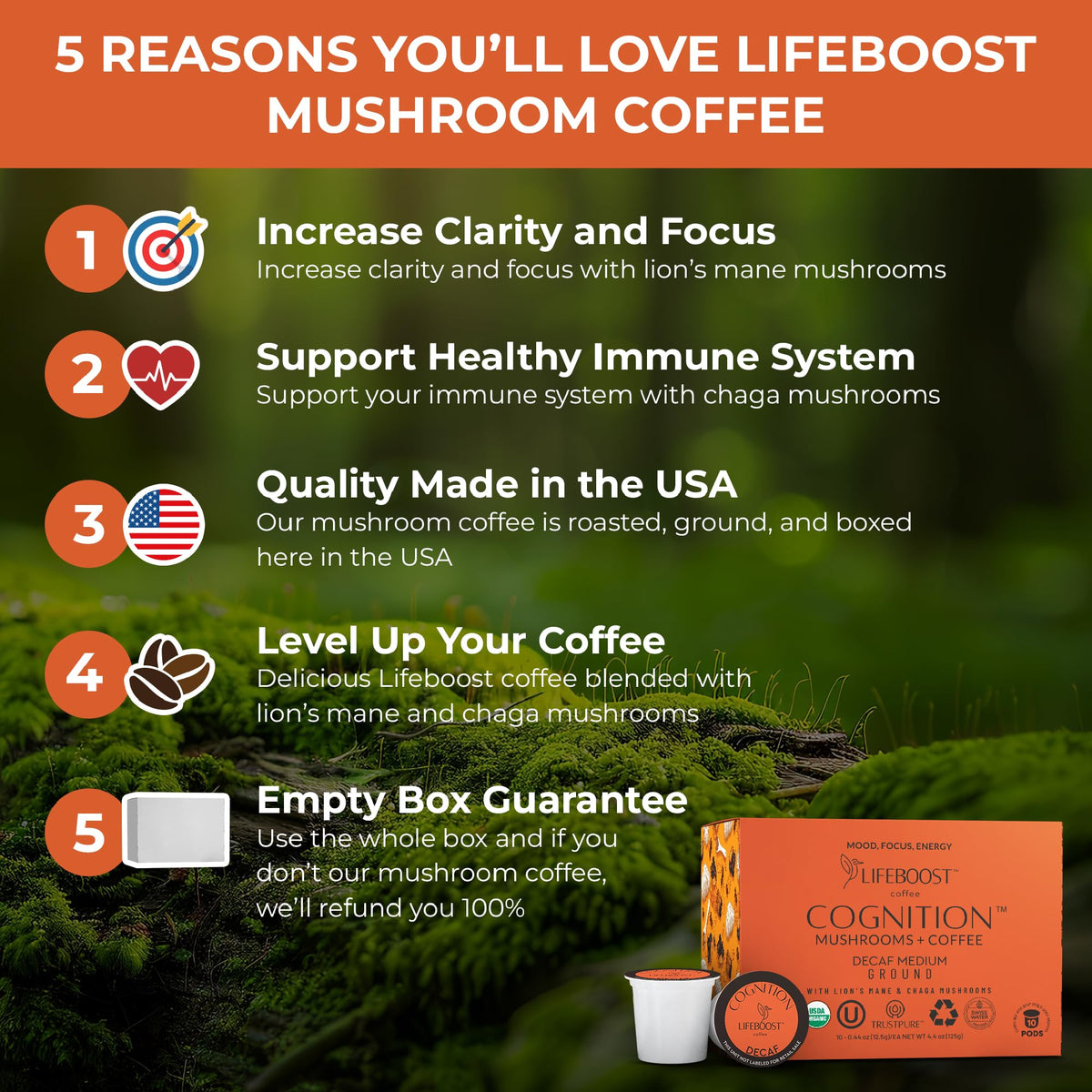 Lifeboost Cognition Decaf Mushroom Coffee Pods – Lion’s Mane & Chaga, Low-Acid K-Cups