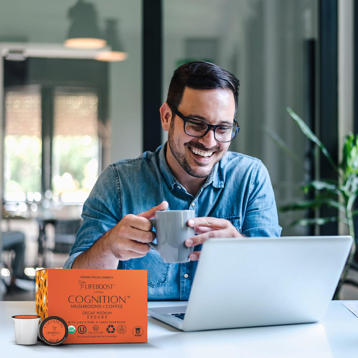 Lifeboost Cognition Decaf Mushroom Coffee Pods – Lion’s Mane & Chaga, Low-Acid K-Cups
