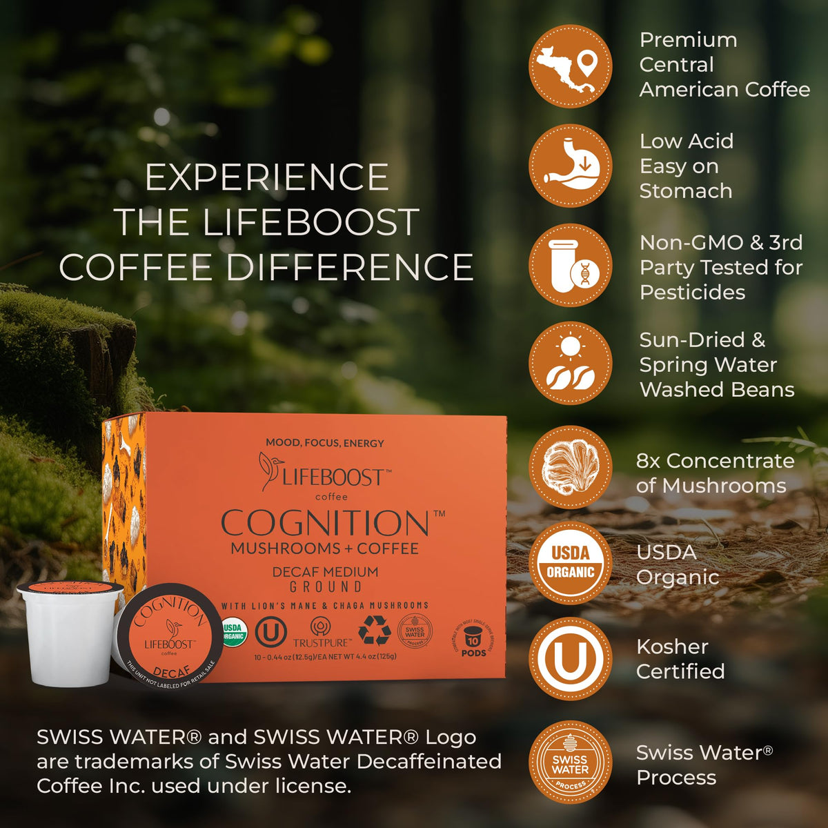 Lifeboost Cognition Decaf Mushroom Coffee Pods – Lion’s Mane & Chaga, Low-Acid K-Cups