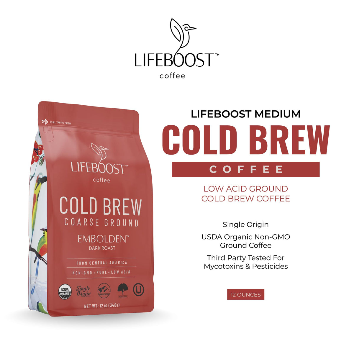 Lifeboost Dark Cold Brew Coffee – Organic Single Origin, Low Acid, 12 oz
