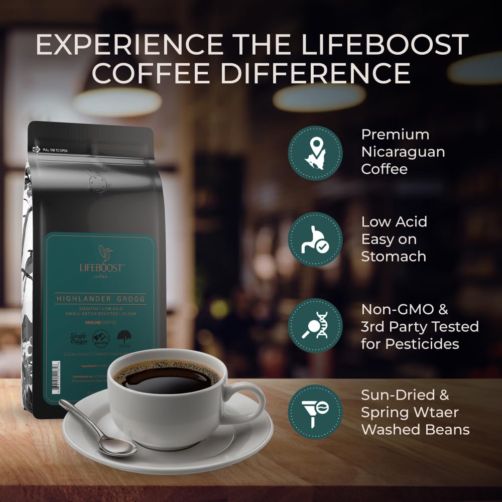 Lifeboost Highlander Grogg Ground Coffee – Low-Acid, Single-Origin, Non-GMO | 12 oz