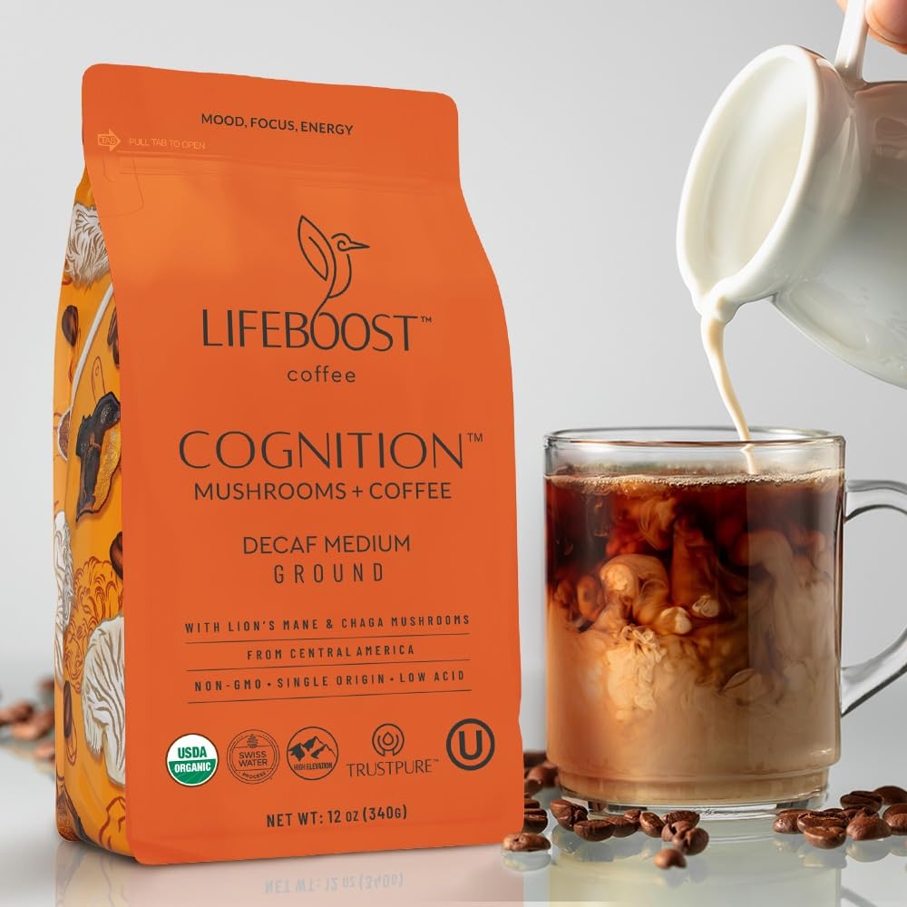 Lifeboost Cognition Decaf Mushroom Coffee – Low Acid, Lion’s Mane & Chaga (12 oz Ground)