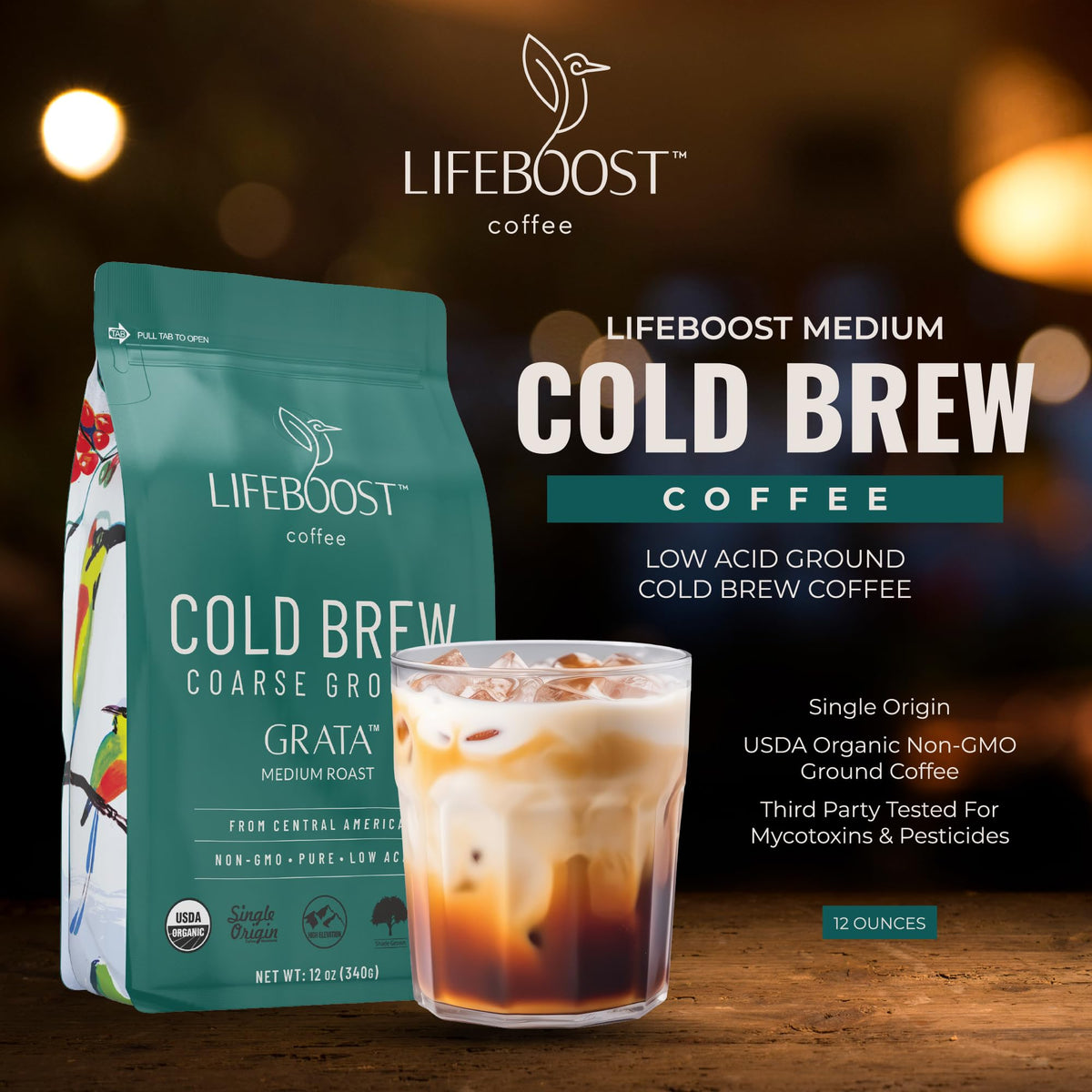 Lifeboost Low Acid Cold Brew Coffee - Organic Coarse Ground Medium Roast, 12 oz