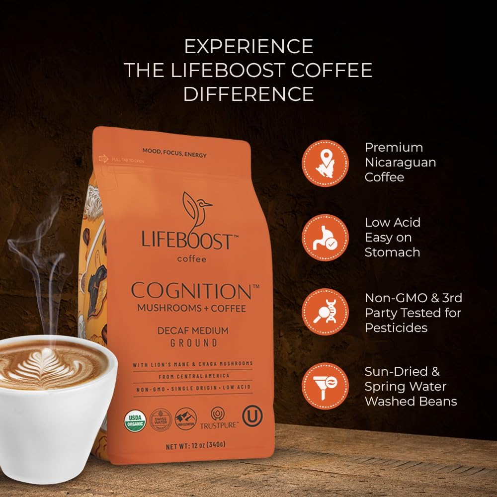 Lifeboost Cognition Decaf Mushroom Coffee – Low Acid, Lion’s Mane & Chaga (12 oz Ground)