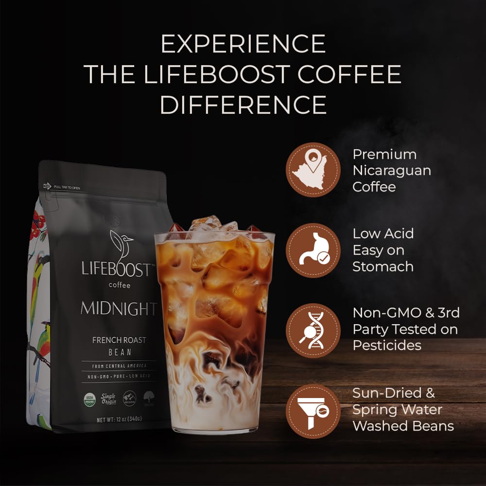 Lifeboost Midnight French Roast Coffee Beans — Organic, Low-Acid, Single Origin, 12 oz