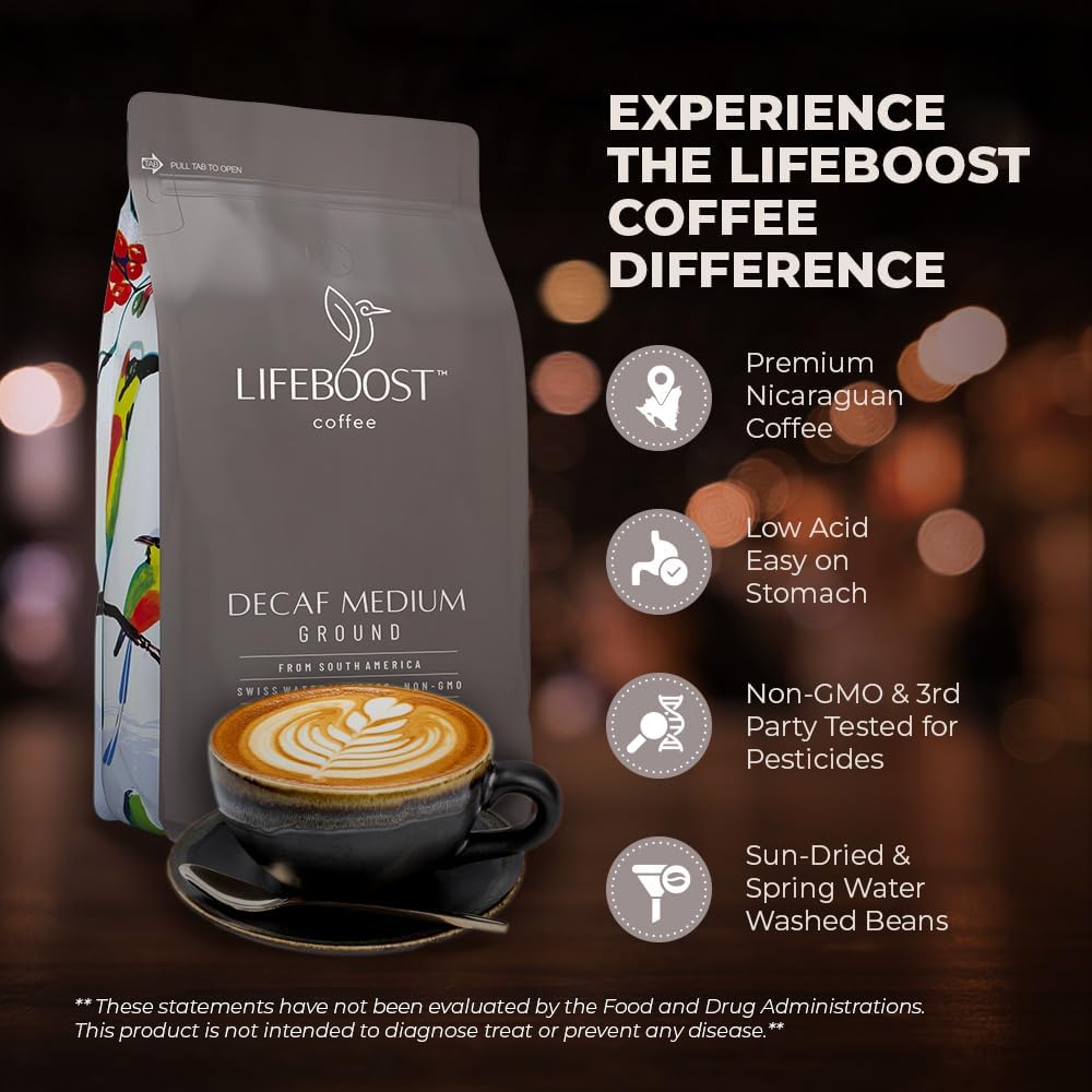 Lifeboost Organic Swiss Water Decaf Ground Coffee - Low Acid, Single Origin, 12 oz