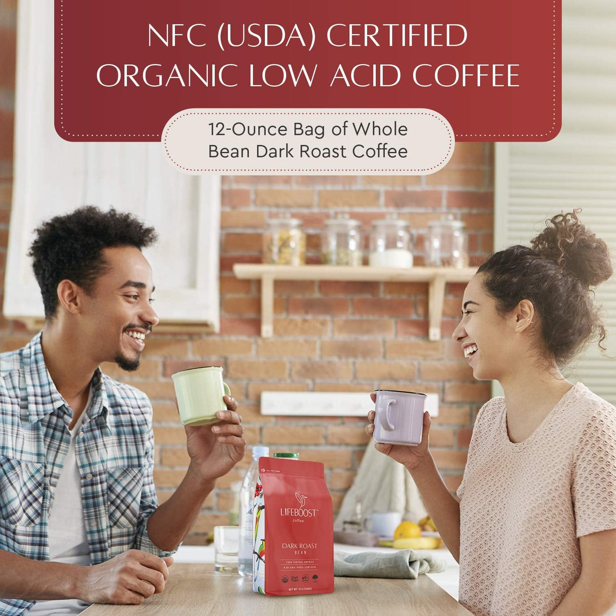 Lifeboost Dark Organic Coffee Beans — Single Origin, Low-Acid, Non-GMO, 12 oz