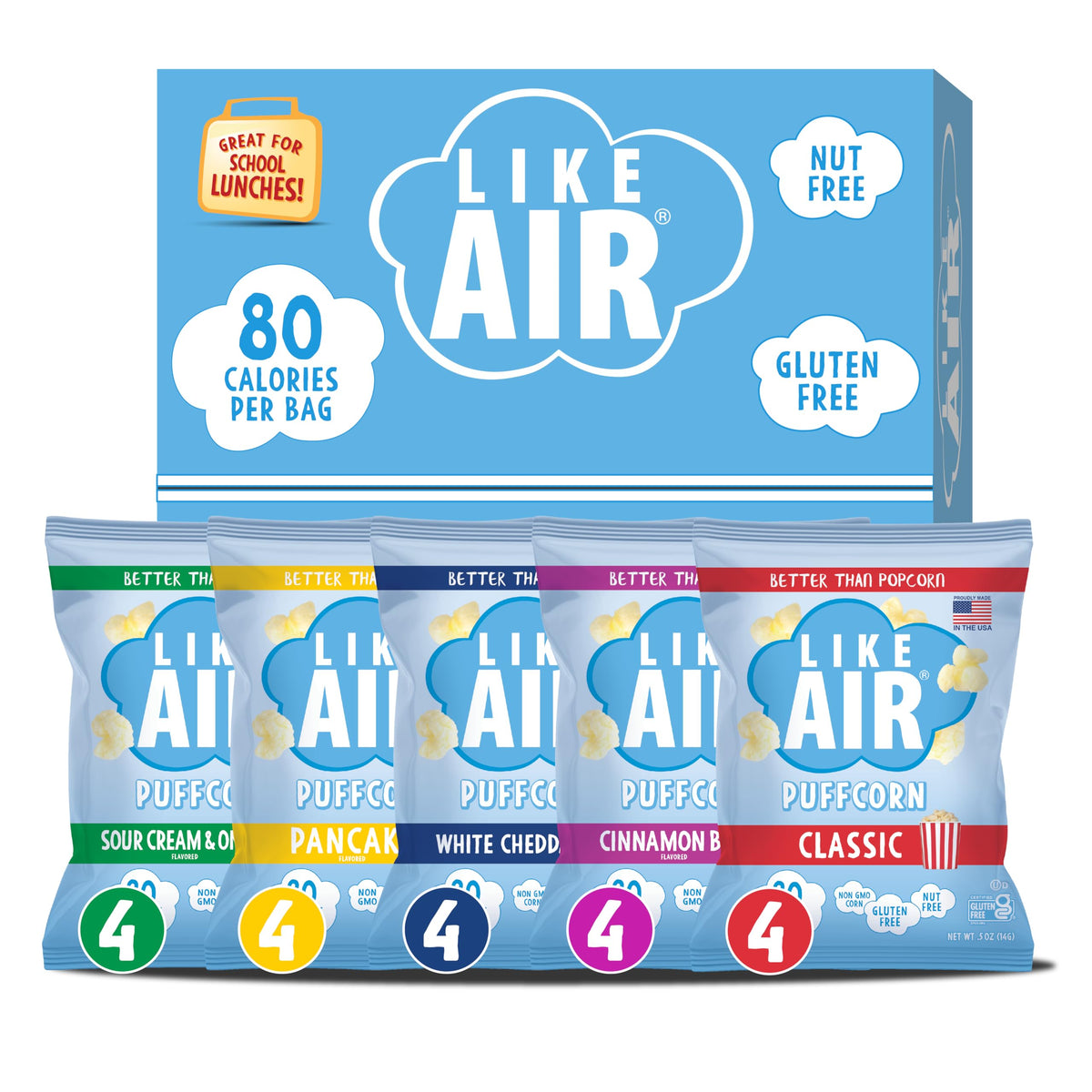 Like Air Puffcorn 5 Flavor Variety Pack (20 Bags) – 50 Calories Per Cup, Gluten Free, Kosher, Non-GMO Corn