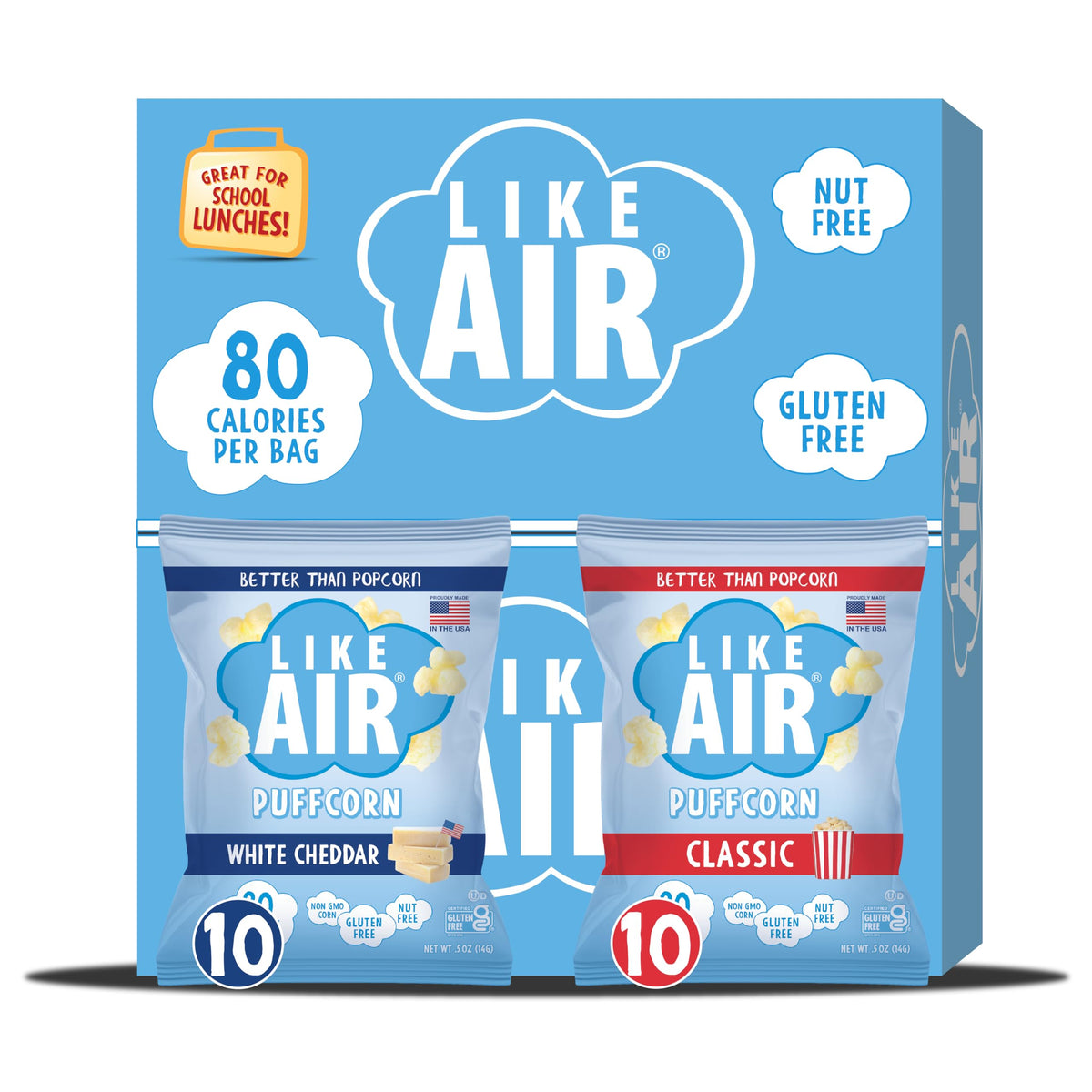Like Air Puffcorn 2-Flavor Variety Pack – White Cheddar & Classic Puff Corn, 20 x 0.5oz, Gluten Free