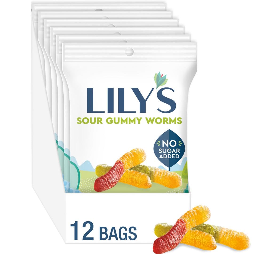 LILY'S Assorted Fruit Flavored No Sugar Added Sour Gummy Worms — 12 Bags, 1.8 oz Each