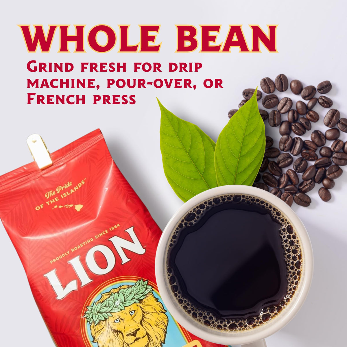 Lion Coffee 24K Gold Roast Kona Whole Bean Coffee | 100% Kona, Medium-Light, A Taste of Aloha | 7 oz