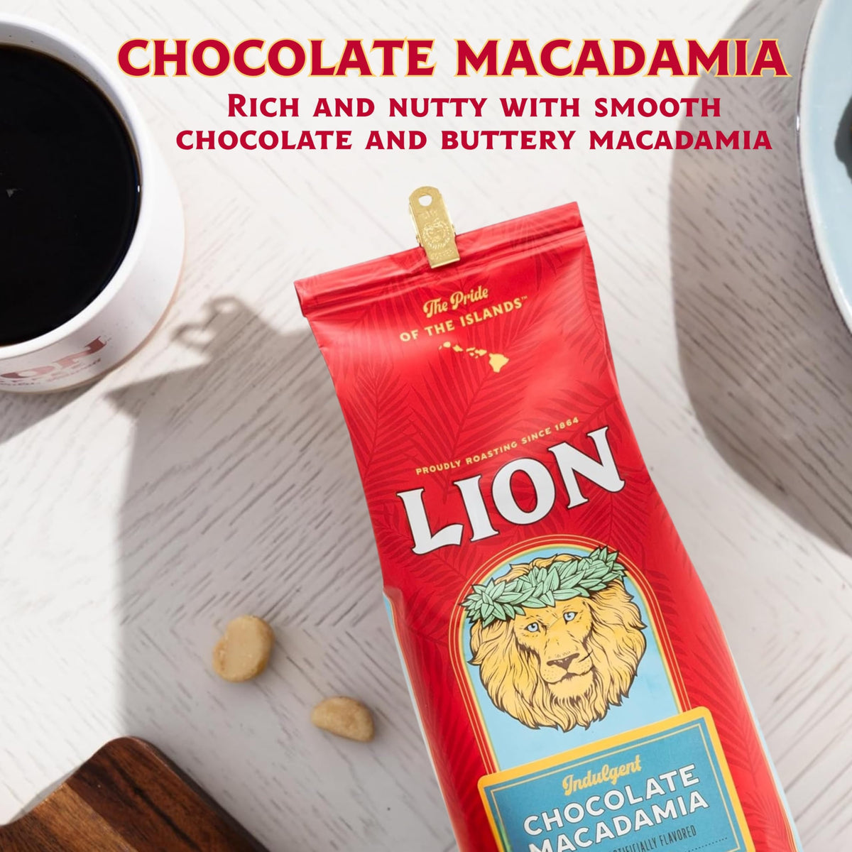 Lion Coffee Chocolate Macadamia Flavored Ground Coffee – Light Roast, 24oz