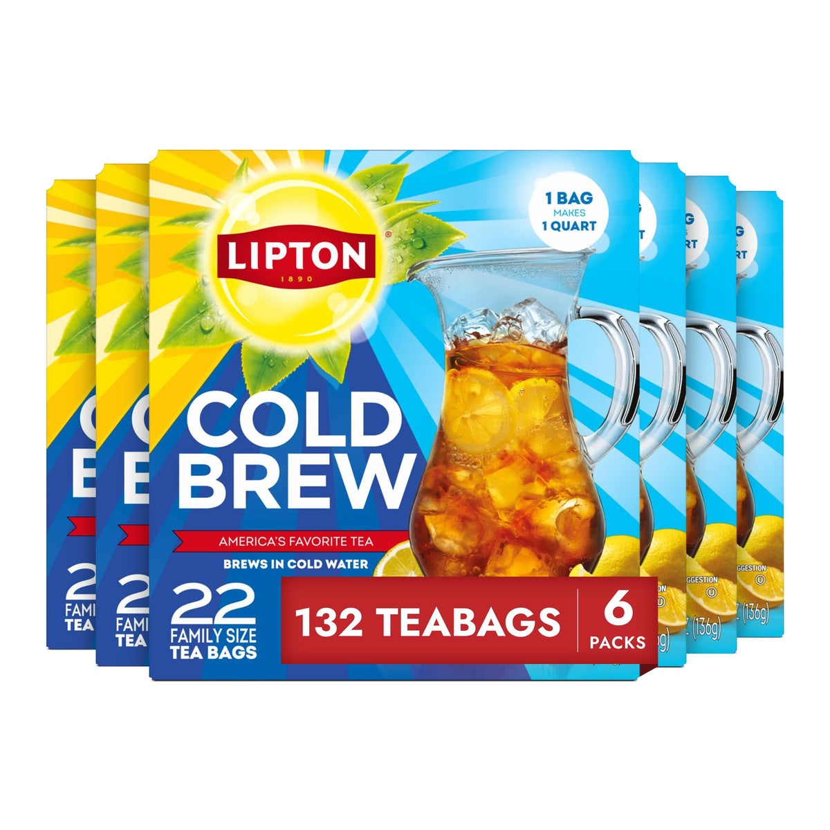 Lipton Cold Brew Black Tea Bags – Family Size 6-Pack (132 Bags) Rainforest Alliance Certified