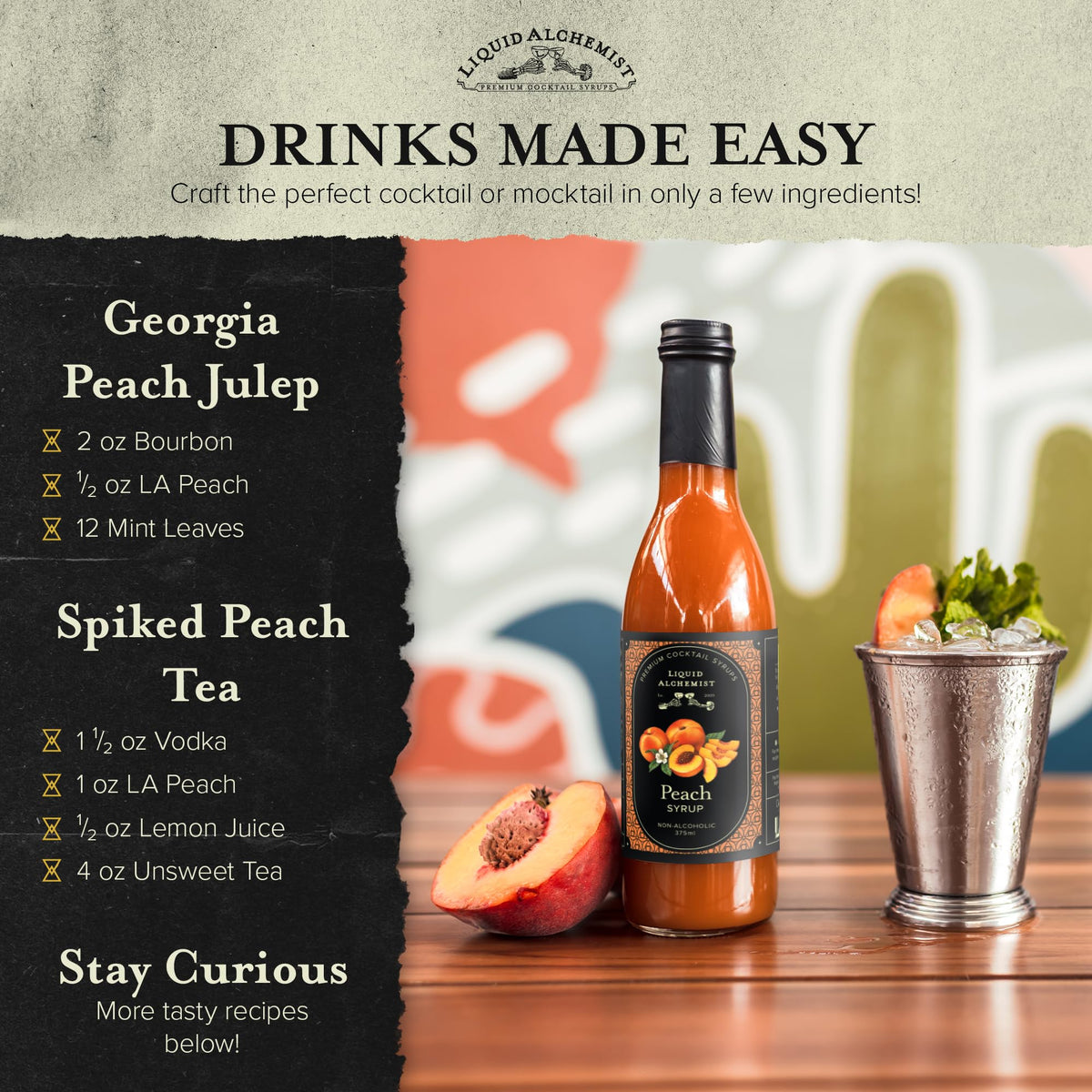 Liquid Alchemist Peach Syrup for Drinks - Real Ingredients for Cocktails, Non-GMO & Vegan (12.7 oz)
