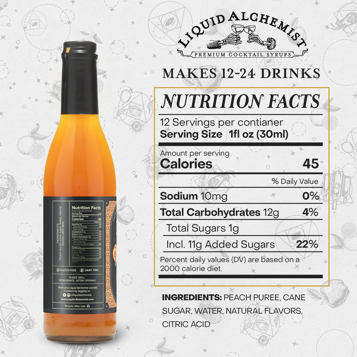 Liquid Alchemist Peach Syrup for Drinks - Real Ingredients for Cocktails, Non-GMO & Vegan (12.7 oz)