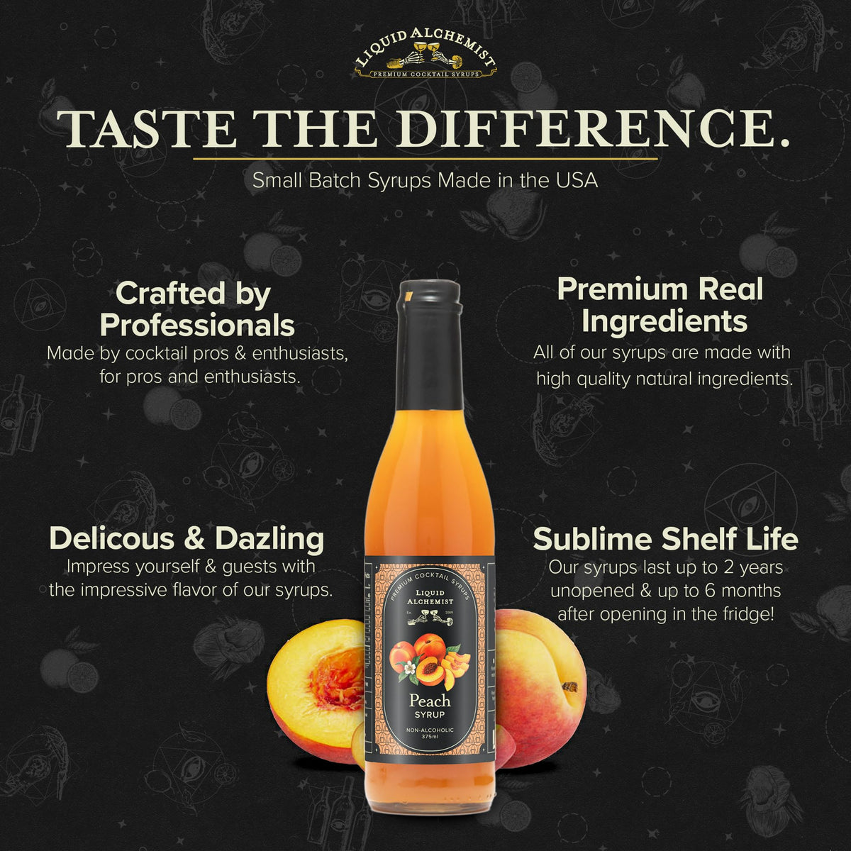 Liquid Alchemist Peach Syrup for Drinks - Real Ingredients for Cocktails, Non-GMO & Vegan (12.7 oz)