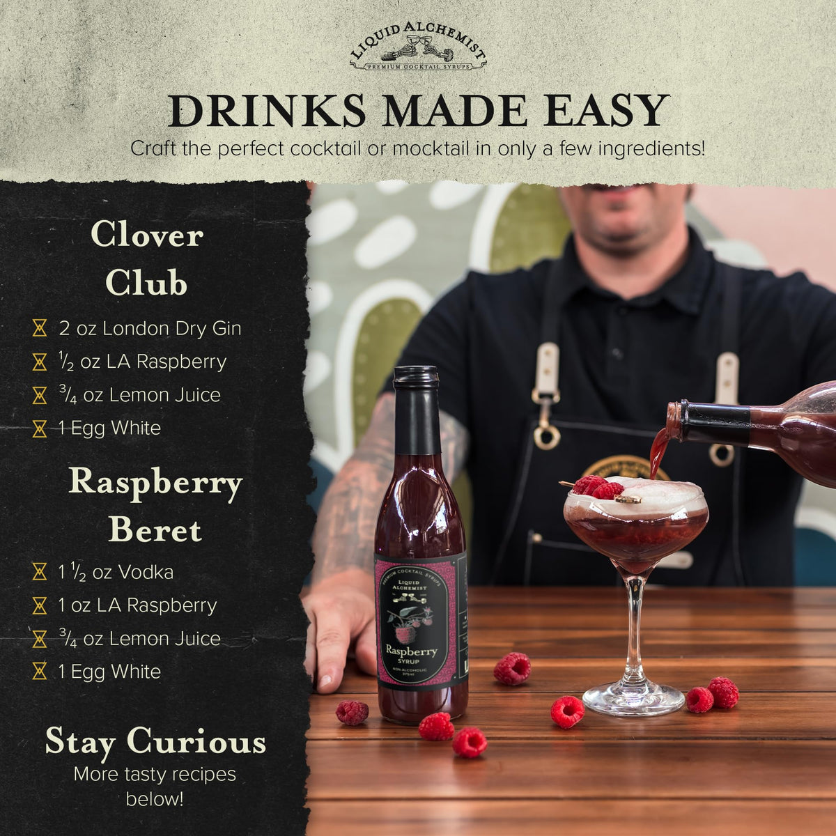 Liquid Alchemist Raspberry Syrup for Cocktails | Real Ingredients, Small Batch, Non-GMO & Vegan | 25.4 oz