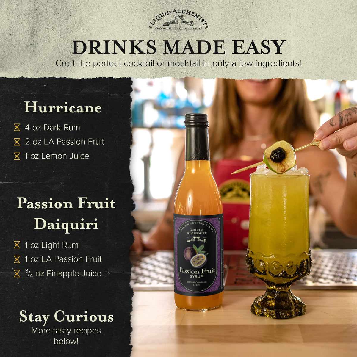 Liquid Alchemist Passion Fruit Syrup for Cocktails – Real Ingredients, Small Batch, Non-GMO, Vegan | 12.7 oz