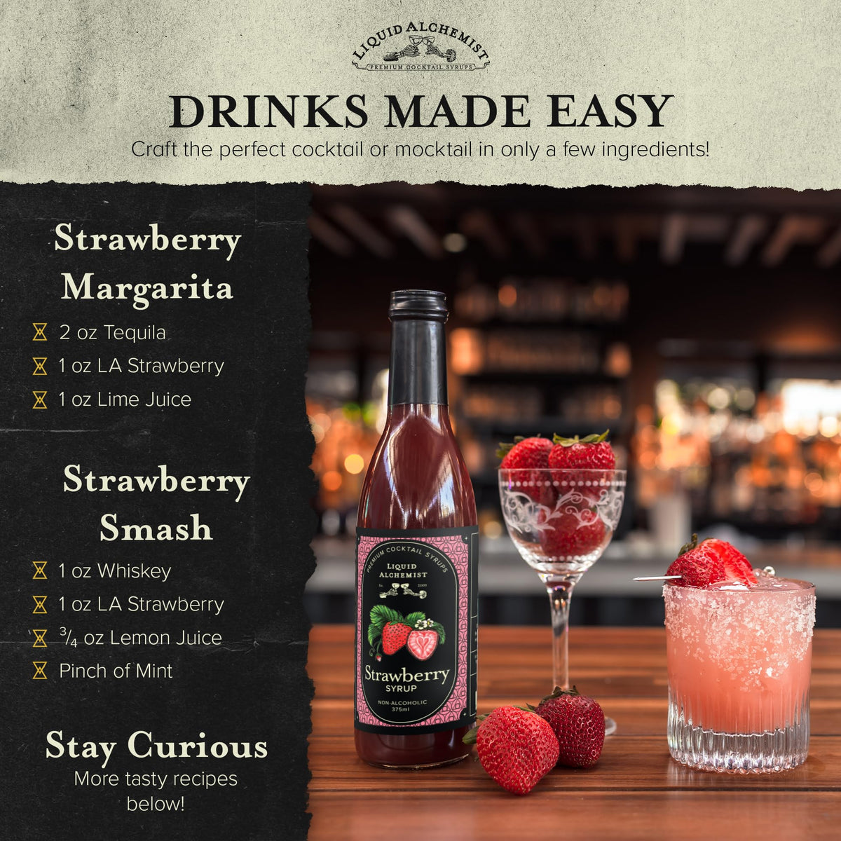 Liquid Alchemist Strawberry Syrup for Drinks — Real Ingredients, Gluten & Dairy Free (12.7 oz)