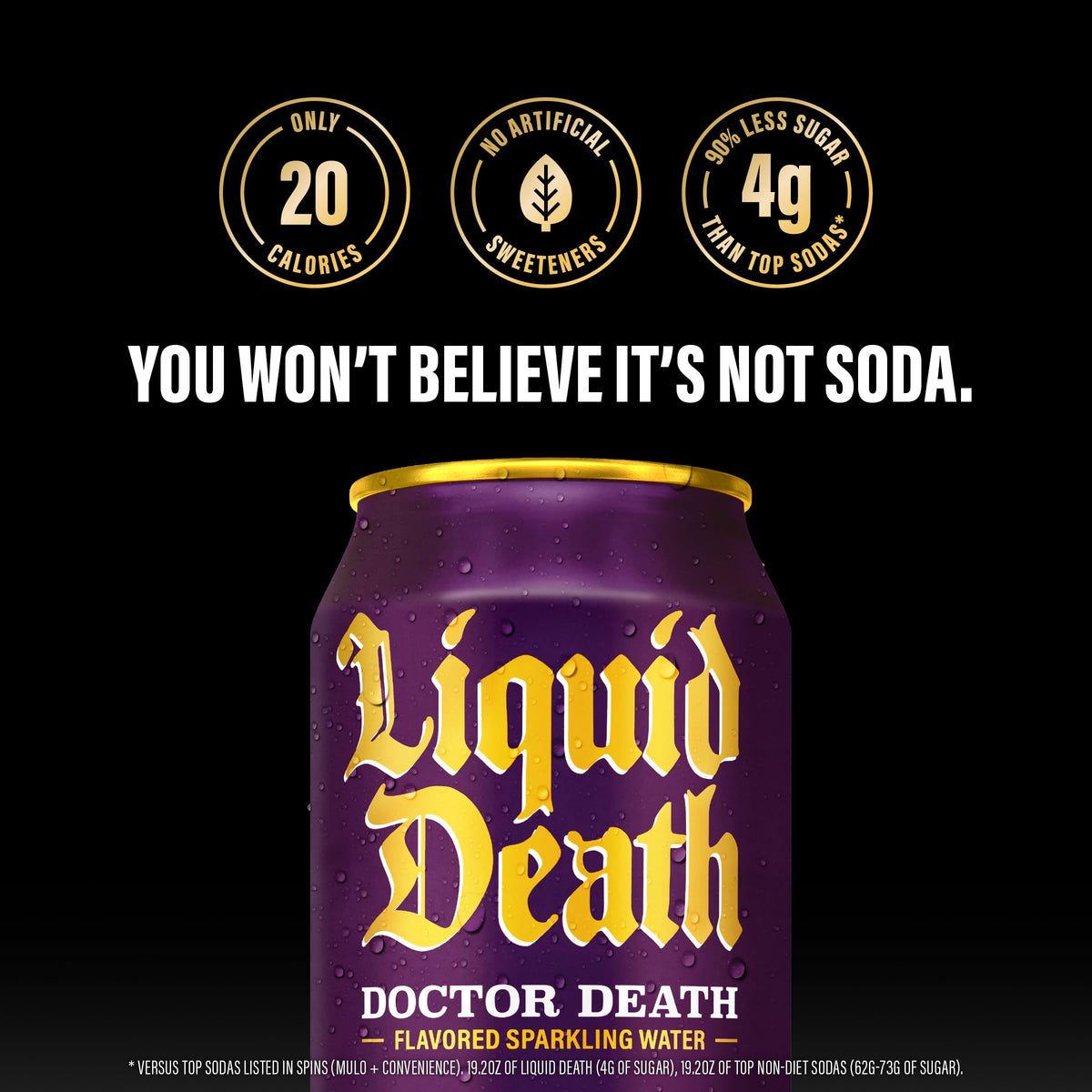 Liquid Death Doctor Death Sparkling Water – Cherry-Cream-Spice, No Caffeine, King-Size 19.2 fl oz Pack of 12