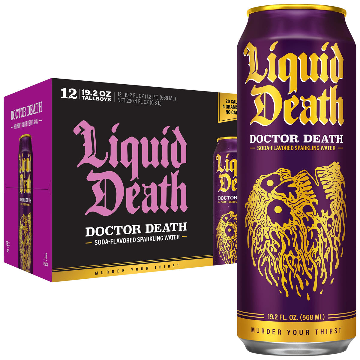 Liquid Death Doctor Death Sparkling Water – Cherry-Cream-Spice, No Caffeine, King-Size 19.2 fl oz Pack of 12