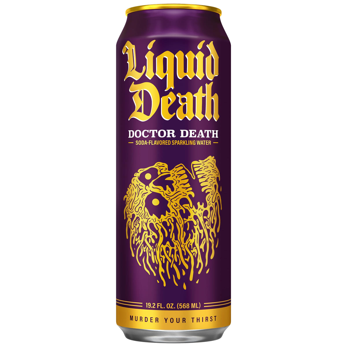 Liquid Death Doctor Death Sparkling Water – Cherry-Cream-Spice, No Caffeine, King-Size 19.2 fl oz Pack of 12