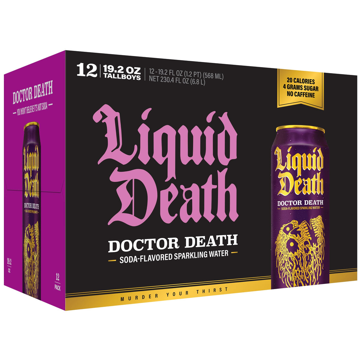 Liquid Death Doctor Death Sparkling Water – Cherry-Cream-Spice, No Caffeine, King-Size 19.2 fl oz Pack of 12